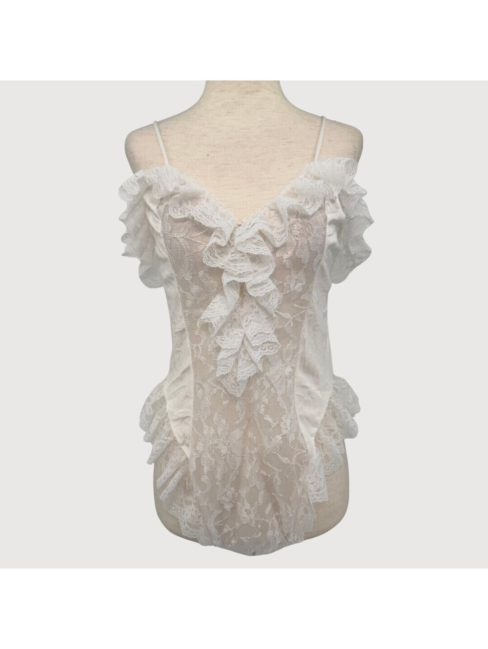Vintage Delicates White Sheer Lace Ruffle Teddy Bodysuit M